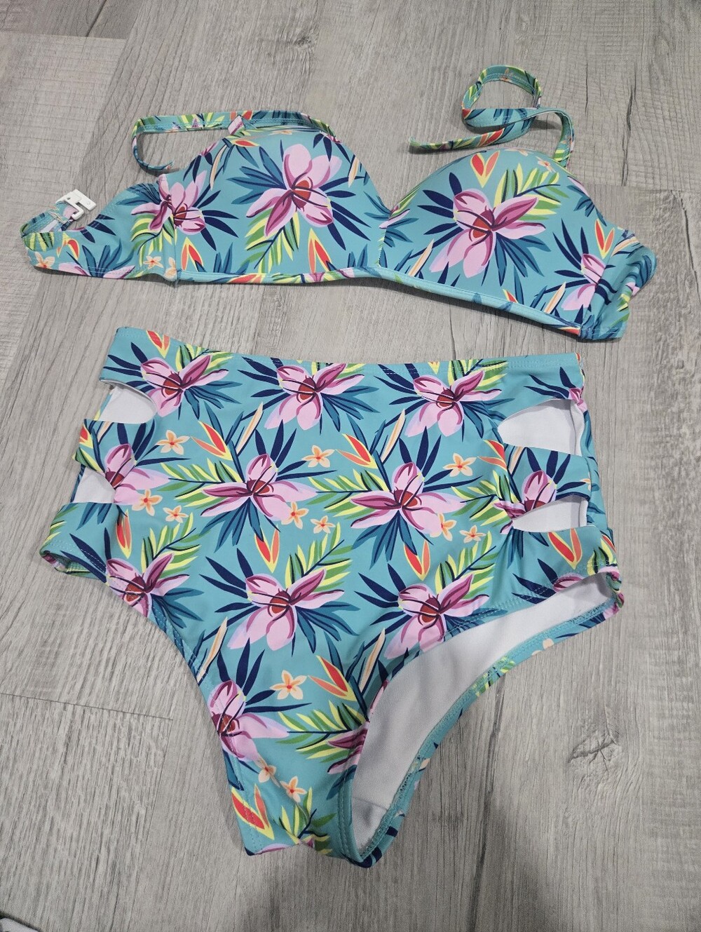 Floral High-Waist Bikini Set - Aqua Pink